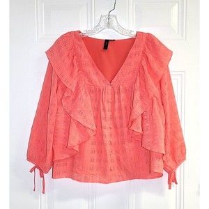 YAS Blouse Ruffles Coral Seersucker 3/4 Sleeves Tie Cuff V-Neck Size S Pullover